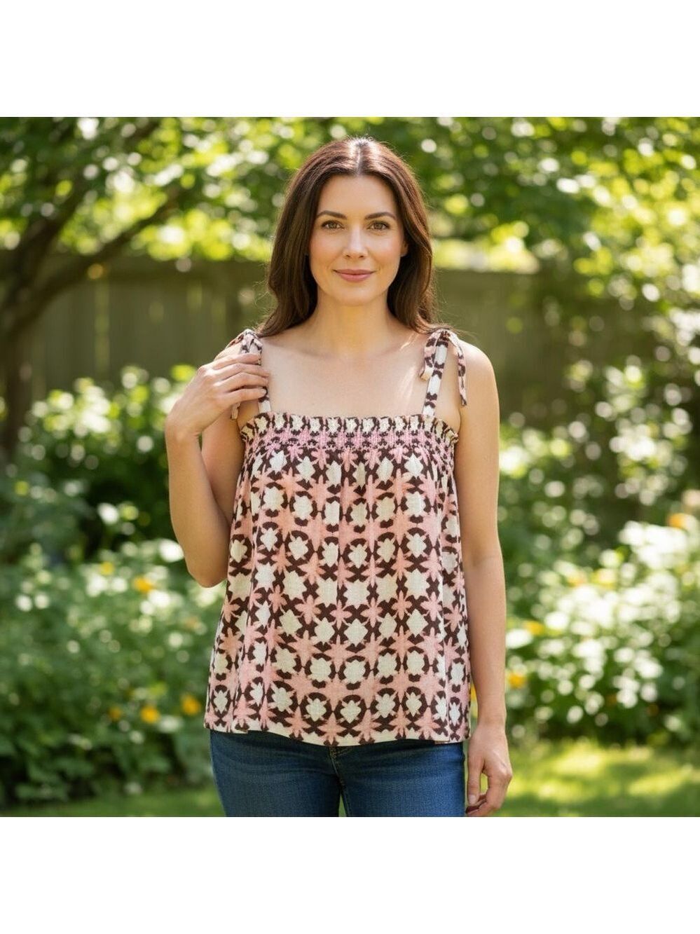 LOFT Geometric Print Linen blend Smocked Swing Tank Top Pink White Brown Size L